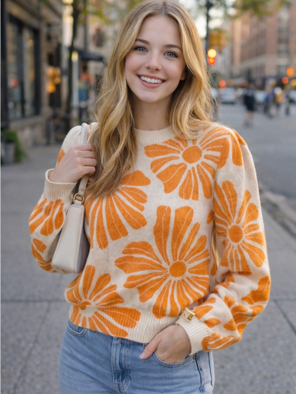 Marine Layer Cream and Orange Floral Crewneck Sweater, (101)